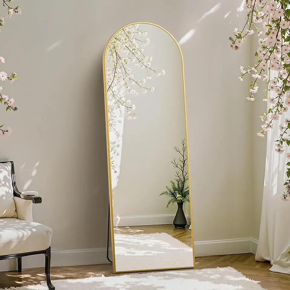 DUMOS Arched Full Length Mirror with Stand Floor Standing Aluminum Frame for Bedroom Body Hanging Leaning Modern Simple Home Decor Shatter-Proorf Nano Glass Wall Living Room Cloakroom Gold 59.1"x15.8"
