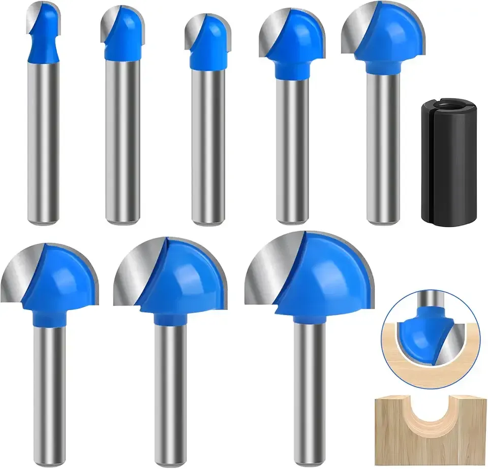 Core Box Router Bit Set, 8Pcs Solid Carbide 1/4 Inch Shank Woodworking Tool with 1/4" to 1" Round Nose Double Flute Bits, for Half Round Grooves and Cove Cutting for Woodworking Grooves and Coves