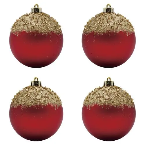 Enchanted Forest® 80mm Red Glitter & Bead Burst Shatterproof Ornaments - 4 Pack
