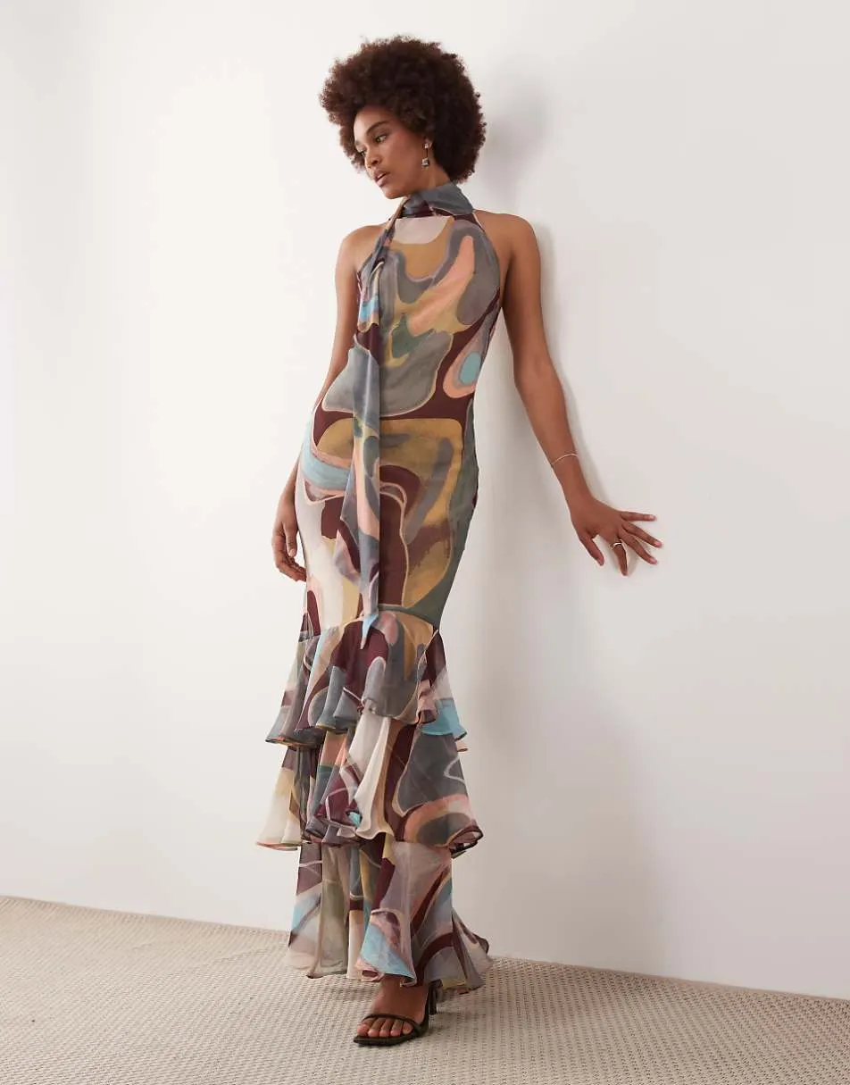 ASOS DESIGN Tall halter neck scarf detail racer chiffon godet maxi dress in burgundy abstract