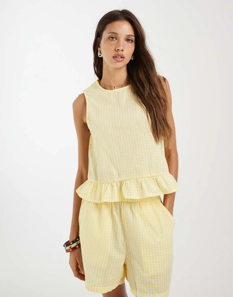 Pieces sleeveless top co-ord with frill hem in yellow and white gingham print
