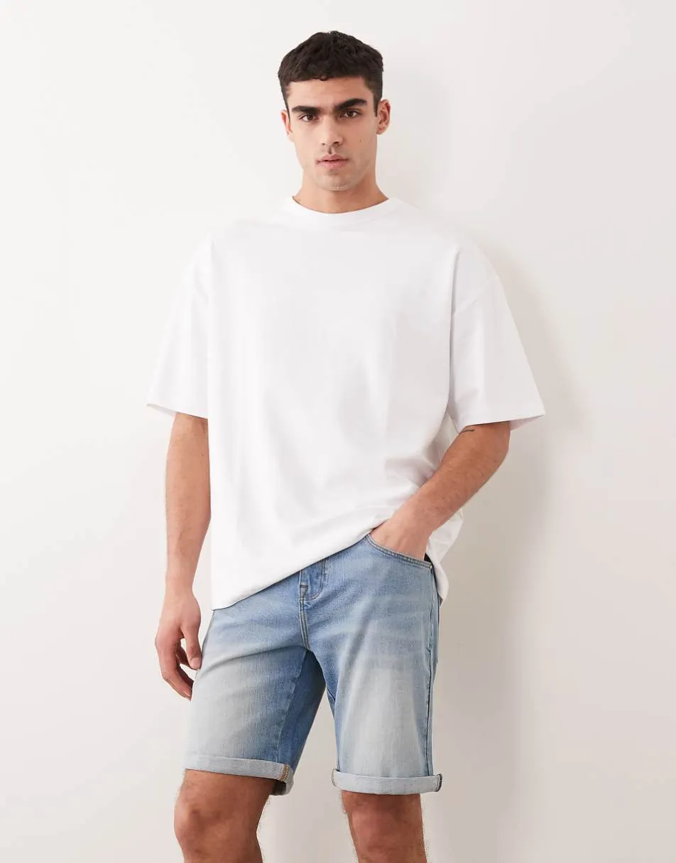 ASOS DESIGN stretch slim regular length denim shorts in light wash blue