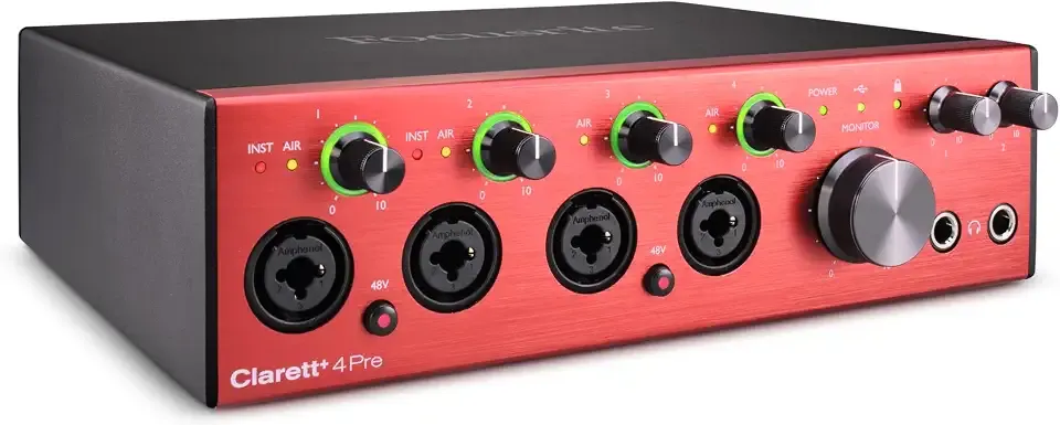 Focusrite Clarett+ 4Pre 18-In/8-Out USB-C Audio Interface | 4 Clarett Mic Preamps, 2 Hi-Z JFET Inputs, 4 Line Inputs, 4 Balanced Outputs, ADAT Expansion, Air Mode, 24-bit/192kHz, 124dB