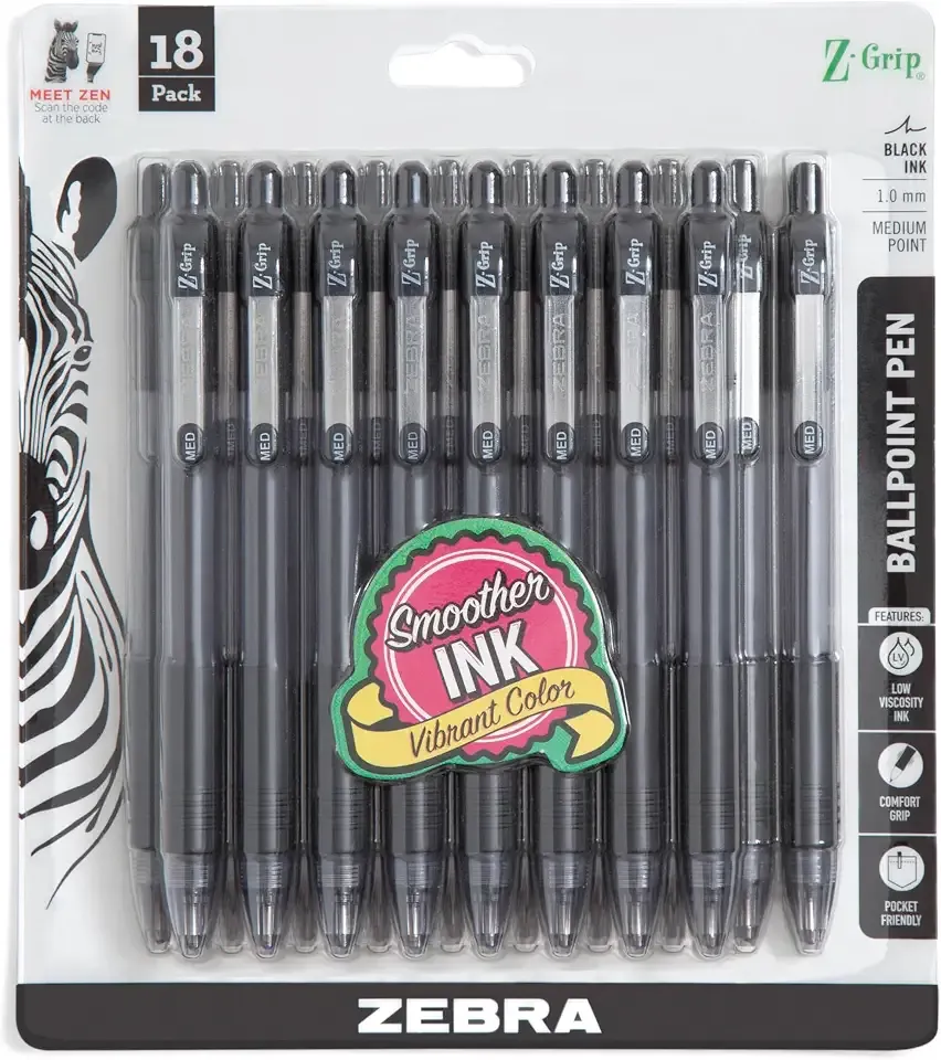 Zebra Pen Z-Grip Retractable Ballpoint Pen, Black Ink, 1.0mm, 18-Pack | Smooth Writing, Medium Point Tip, Ideal for Planners, Note-Taking, School and Office Supplies, and Everyday Writing (22218)