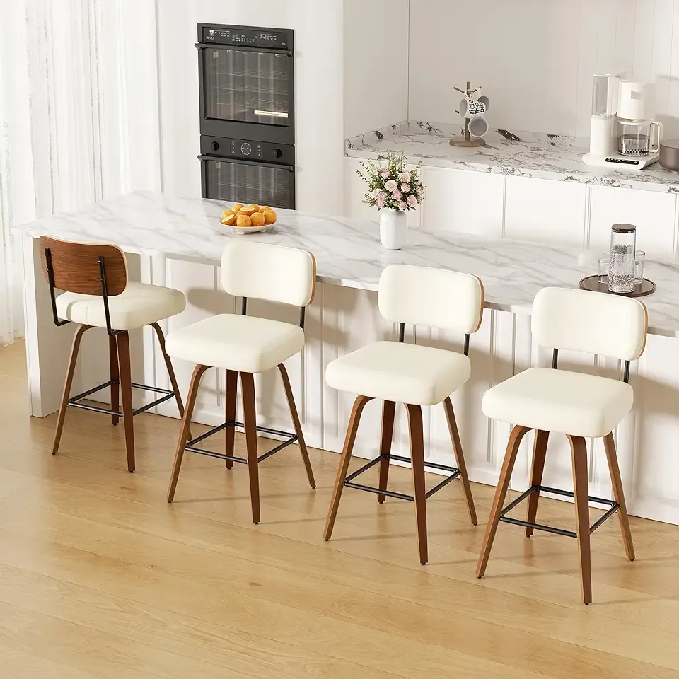 Swivel Bar Stools Set of 4, 26" Faux Leather Upholstered Counter Height Barstools with Back & Bentwood Legs, Mid Century Modern Bar Chairs Island Stools for Kitchen Counter, Cream White