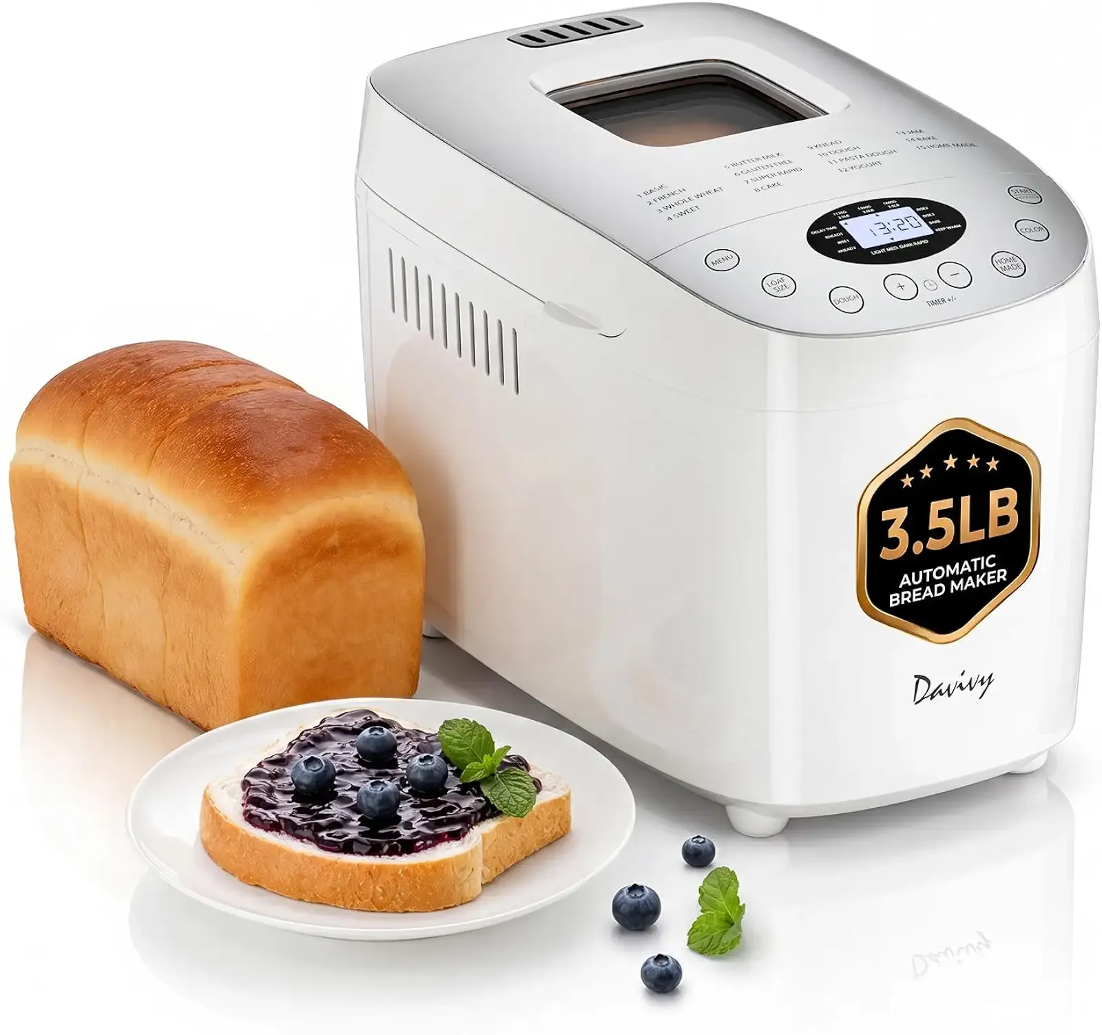 Davivy Bread Maker with 2 Dough Kneading Paddles,15-in-1 Automatic Large Capacity Bread Machine Nonstick Bowl For Bread, Jam& Yogurt, 3 Loaf Sizes and 3 crust settings, 3.5LB, includes oven mitts