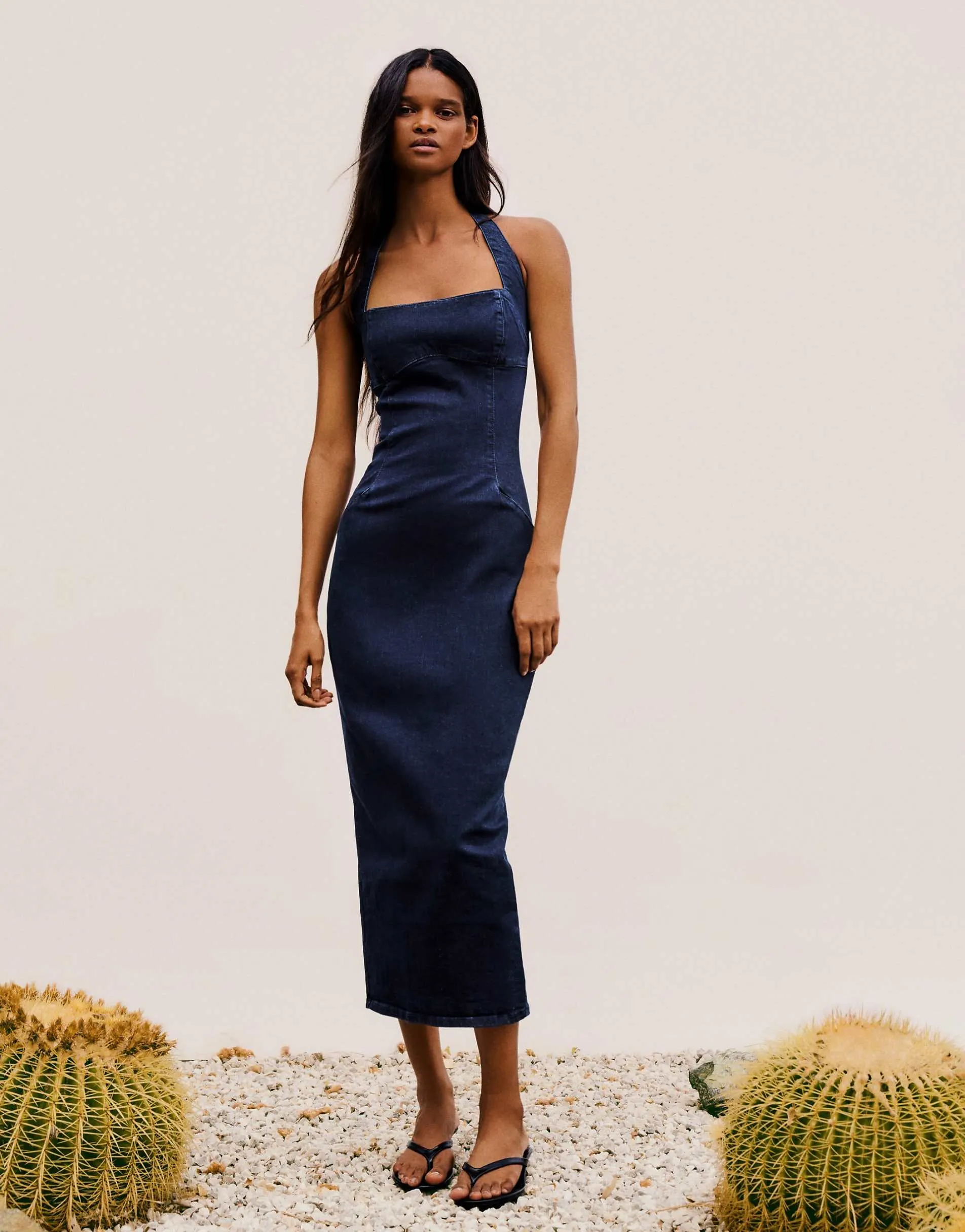 Bershka Denim midi dress in blue