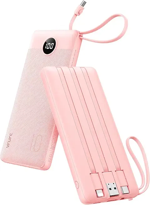 VRURC Portable Charger Power Bank, 10000mAh Travel Essentials Battery Pack, 5 Outputs 2 Inputs Slim Charging Bank Built-in Cables Cords Wires Compatible with iPhone,Samsung,Android-Pink(1 Pack)