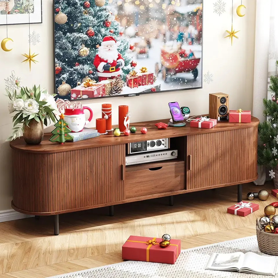 ONBRILL 69" TV Stand with Power Outlet for TVs up to 80", Entertainment Center with Storage and Drawer, TV Console with Adjustable Shelves and Sliding Door, TV Stand for Living Room, Bedroom, Walnut