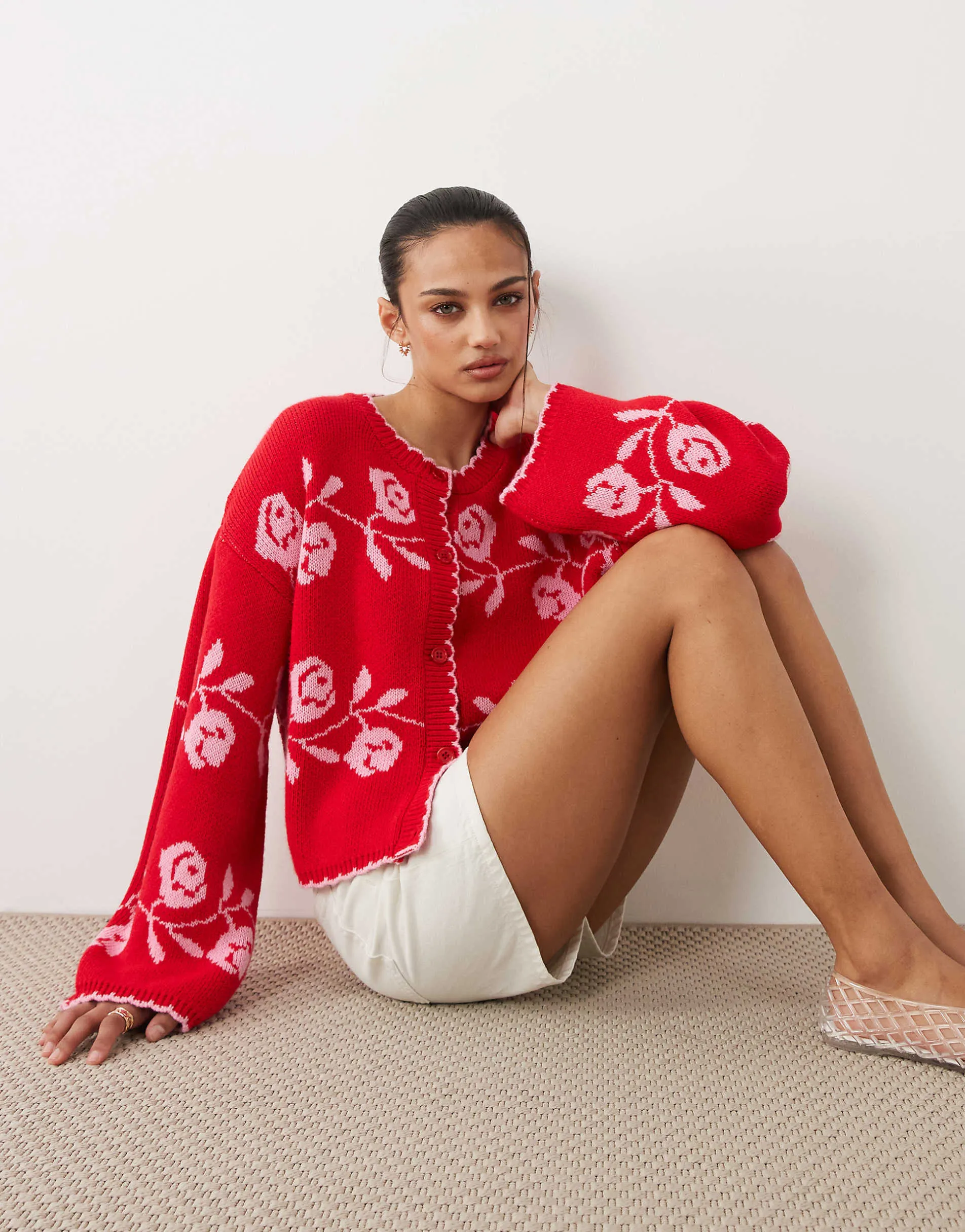Miss Selfridge knitted blanket stitch cardigan with florals in red