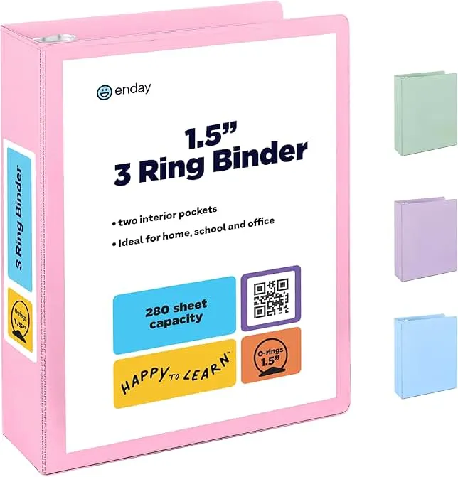 Enday 1.5 Inch Binder, Pink - 1.5 Inch 3 Ring Binder, Round Ring Pastel with Clear View Cover for Letter Size 8.5 x 11'' Paper & 2 Inside Pockets, Ideal for School Supplies, Office, and Home