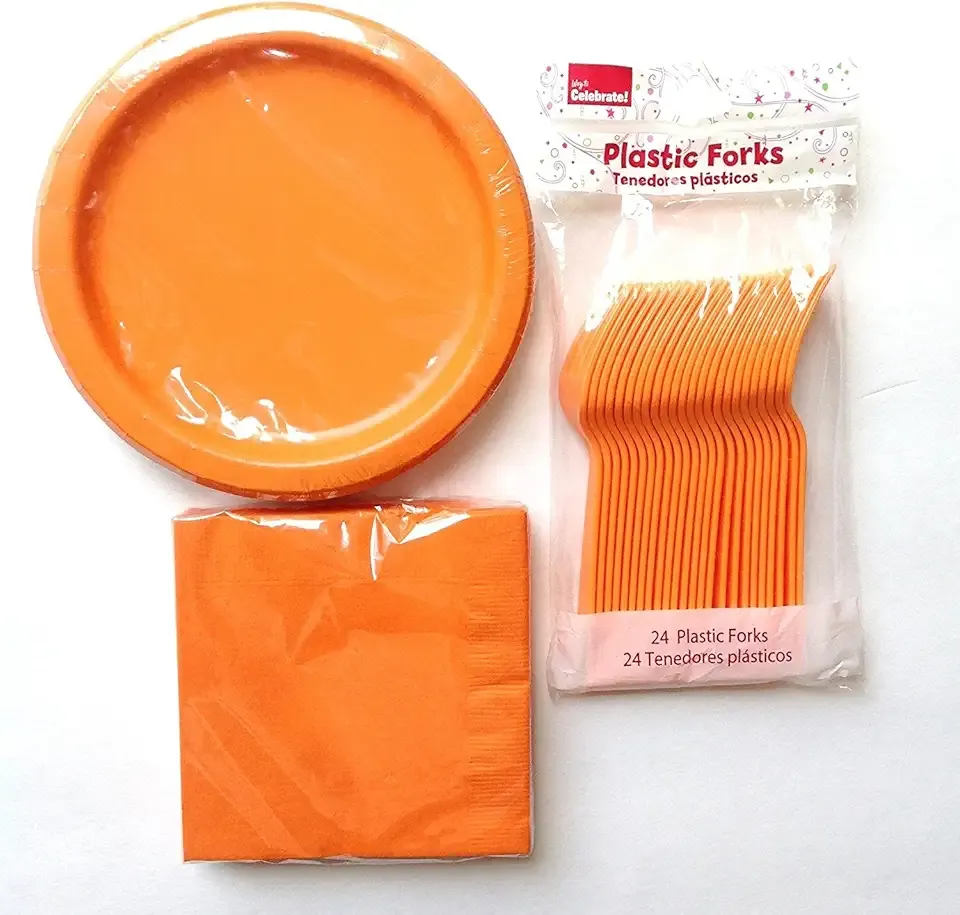 Classic Orange Party Supply Pack for 24 Guests- Plates, Napkins, Forks by Walmart