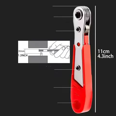 Red Ratchet Screwdriver for Tight Spaces, Non Slip Handle Flat Round Head, Right Angle 2 in 1 Hand Tool, 1pc
