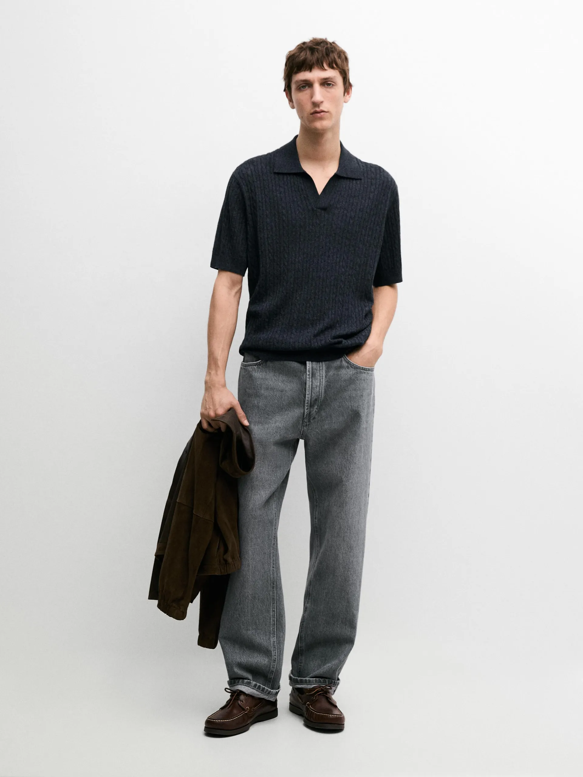 Tricot polo met korte mouw en kabelmotief
