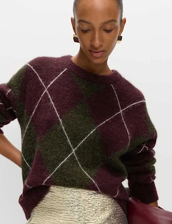 Weiter Pullover aus Wollmischgewebe mit Rundhalsausschnitt und Argyle-Muster