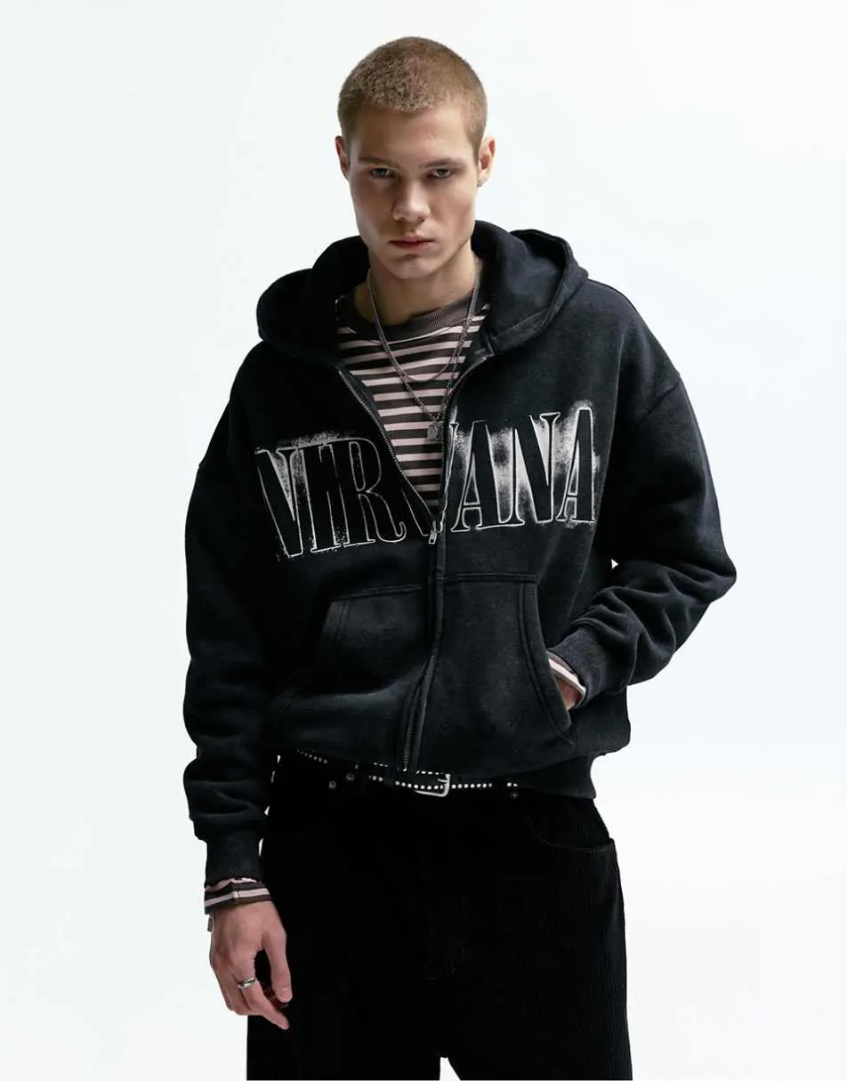 Pull&Bear Nirvana zip-up hoodie in pale grey