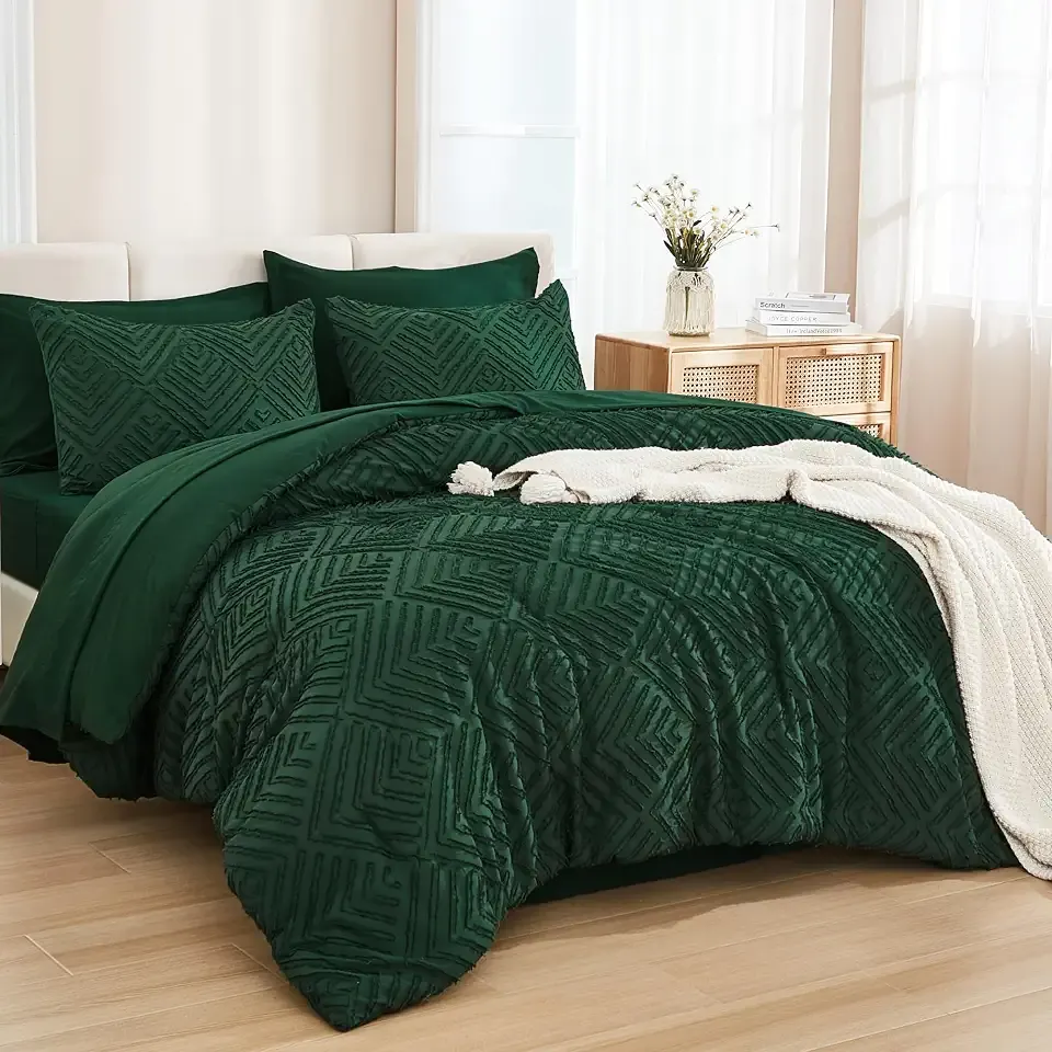 Andency King Size Comforter Set 7 Pieces Dark Emerald Green - Bed in a Bag King Boho Lightweight Fluffy Tufted Bedding Comforter Sets with Quilt Comforter, Sheets, Pillowcases & Shams