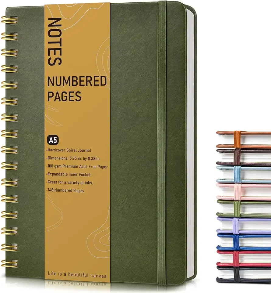 Lined Spiral Journal Notebook, A5 Hardcover Spiral Journals for Women Men, 150 Numbered Pages Spiral Bound Notebook, 100 GSM College Ruled Notebooks for Work, Note Taking 5.75" x 8.38", Olive Green