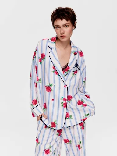 Floral Stripe Double Breasted Bamboo Flannelette Shirt