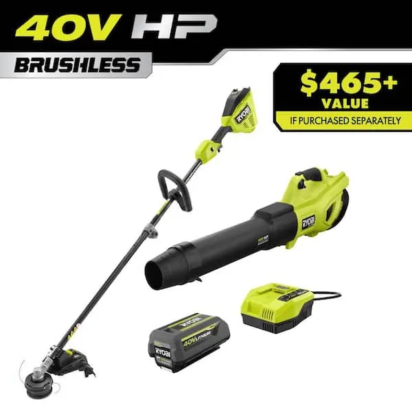 RYOBI40V HP Brushless 650 CFM 160 MPH Cordless Leaf Blower and Carbon Fiber String Trimmer with 4Ah Battery and Charger