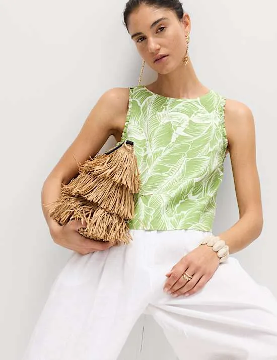 Trägeroberteil mit hohem Leinenanteil und Blattmuster