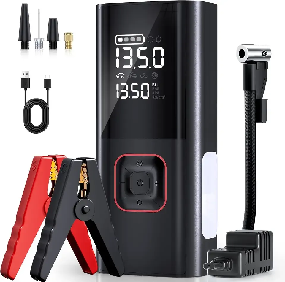 Jump Starter with Air Compressor, 5000A Battery Jumper Starter Portable (9L Gas/8L Diesel) with 160PSI Auto-Shutoff Tire Inflator, 12V Jump Box Car Battery Jump Starter with Jumper Cables, LED Light