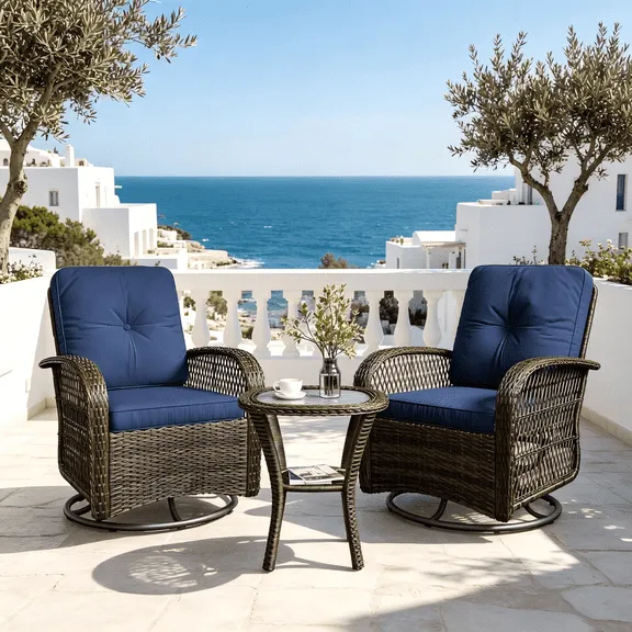 Dateyes 3 Pieces Patio Furniture Set, Patio Swivel Rocker Chairs Set of 2, Wicker Outdoor Bistro Set with Rocking Chair, Thickened Cushions and Table for Porch (Navy Blue)