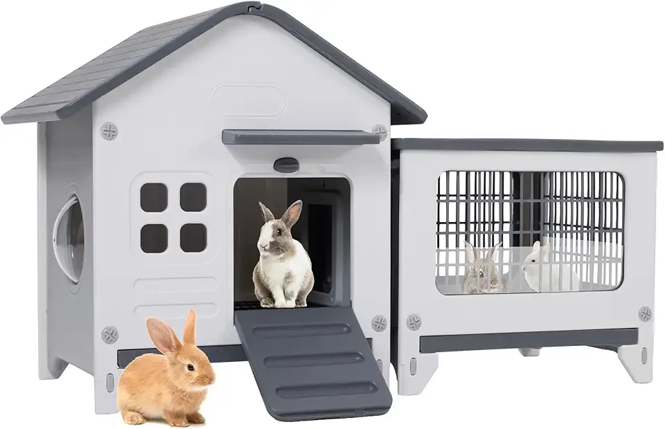 Rabbit Hutch Outdoor Indoor Plastic Waterproof Bunny Cage Enclosure Chew-Proof Rabbit House Guinea Pig Cage Pet House for Small Animals,Two Room