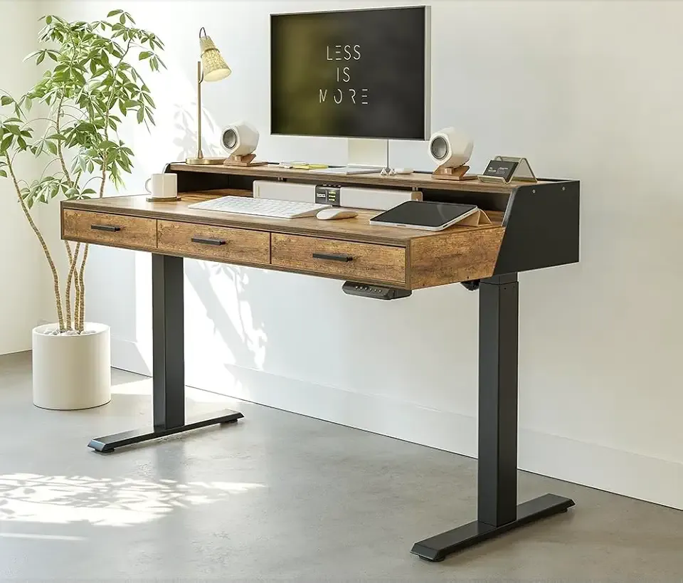 FEZIBO Electric Standing Desk, 48 x 24 Inches Height Adjustable Table, Ergonomic Home Office Furniture with Top Storage, Black Frame/Rustic Brown Top