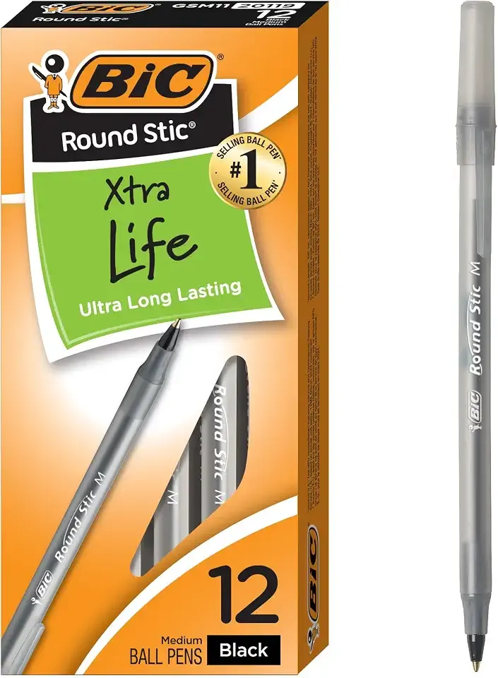 BIC Round Stic Xtra Life Black Ballpoint Pens, 12-Count, 1.0mm Medium Point | Xtra Life Ink for Extended Writing, Flexible Round Barrel for Comfort, No. 1 Selling Ballpoint Pens, Bulk Pack of Pens