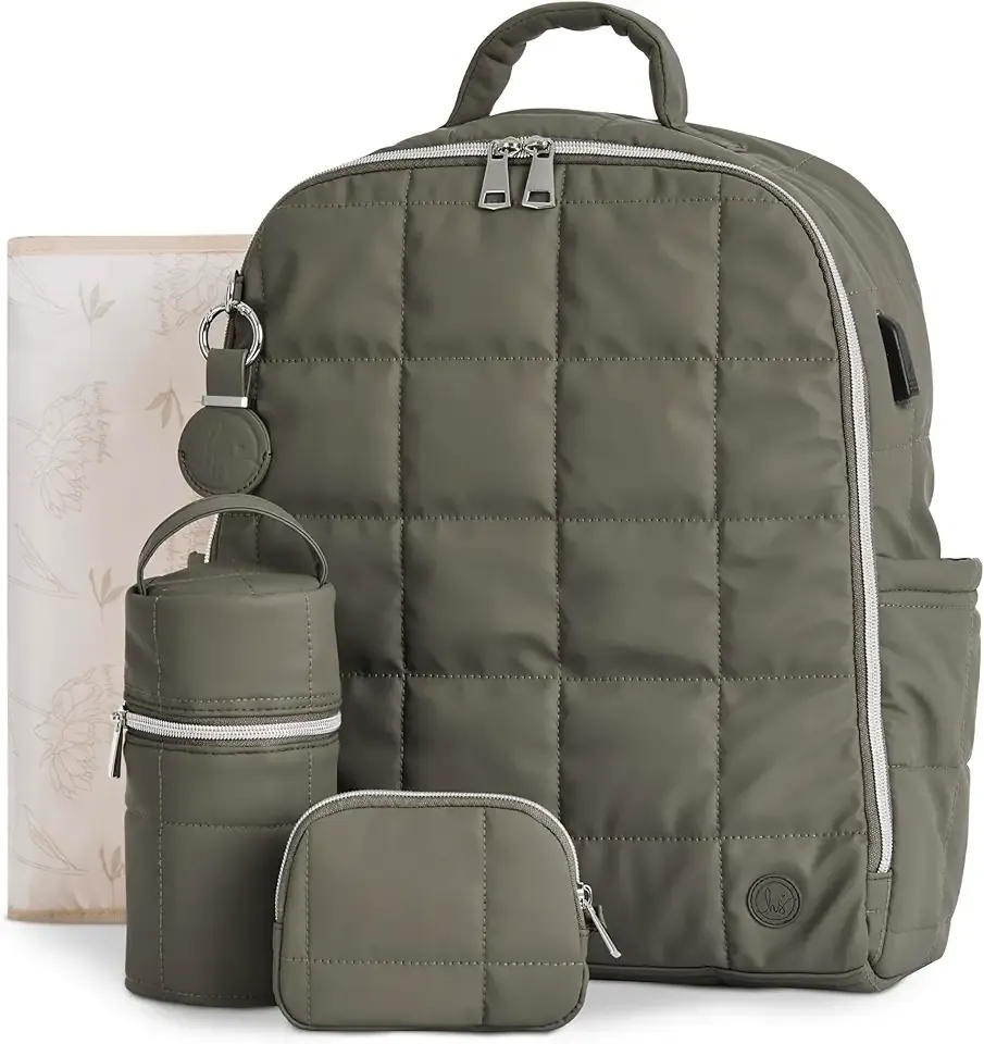 Hannah & Sophia North Diaper Backpack, Large 5-piece Travel Baby Bag Set with USB-C Charging Port, Bottle Bag, Pacifier Pouch, Changing Pad & AirTag Keychain – Forest Green