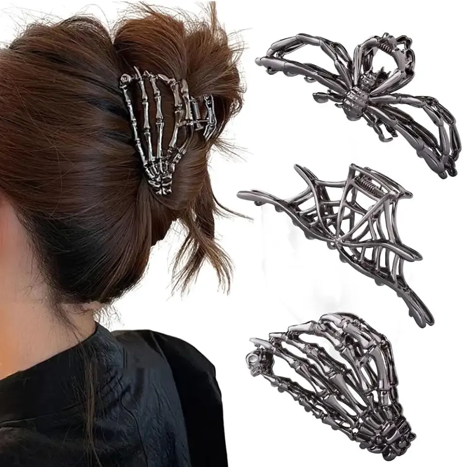 3PCS Black Spider Web Skeleton Hand Skull Hair Claw Clips for Women And Girls, Hiphop Metal Large Medium Size for Thick Thin Hair, Headband Barrette for styling Hair Accessories Party Gift (Black Gun)