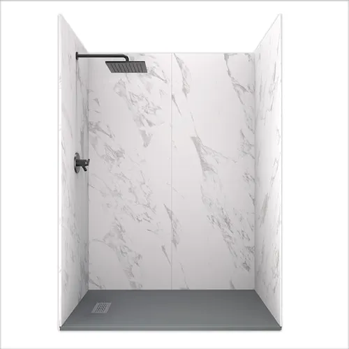 60 L x 32 W x 84 H" Solid Composite Stone Shower Kit- Carrara Walls and L/R Graphite Sand Shower Pan