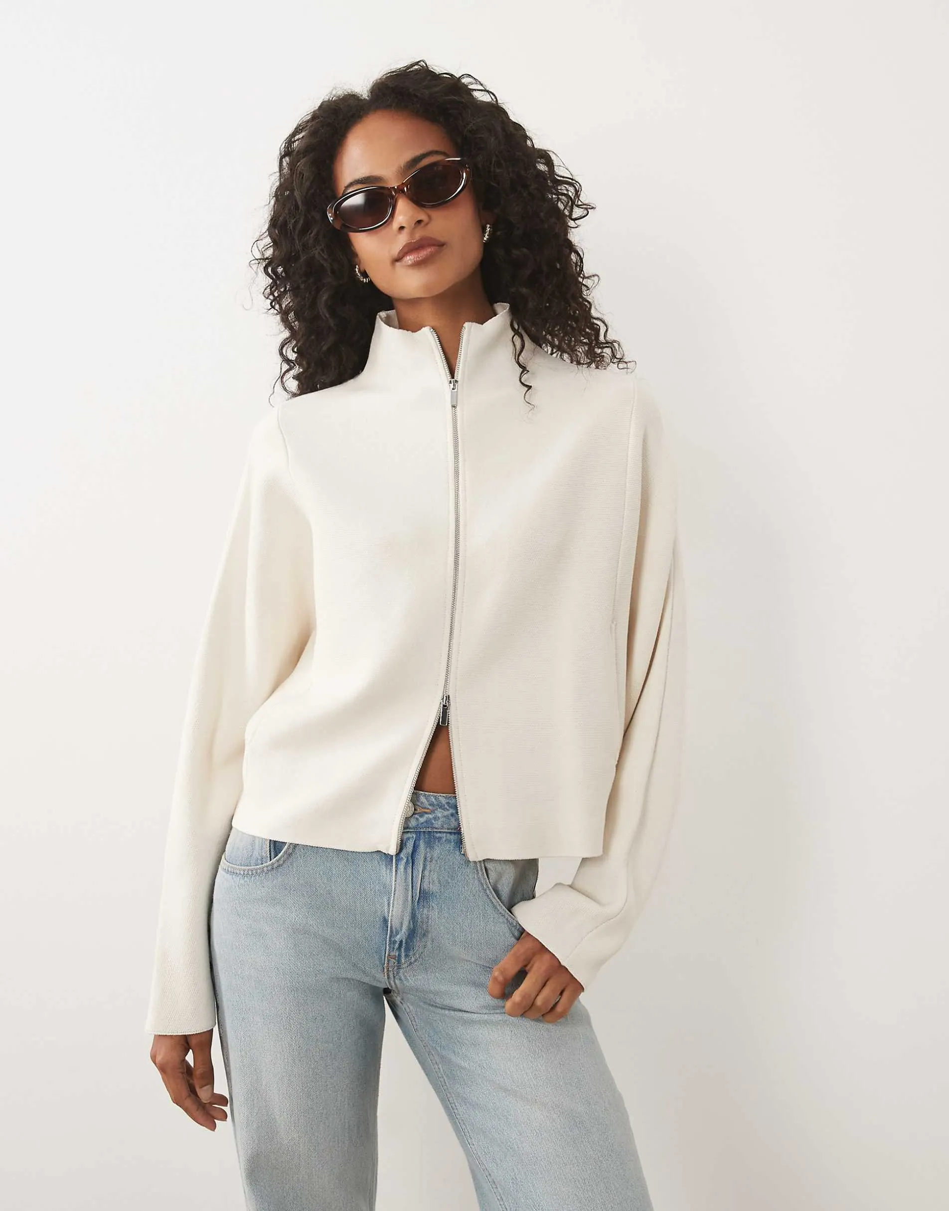 Gina Tricot knitted zip jacket in dark cream