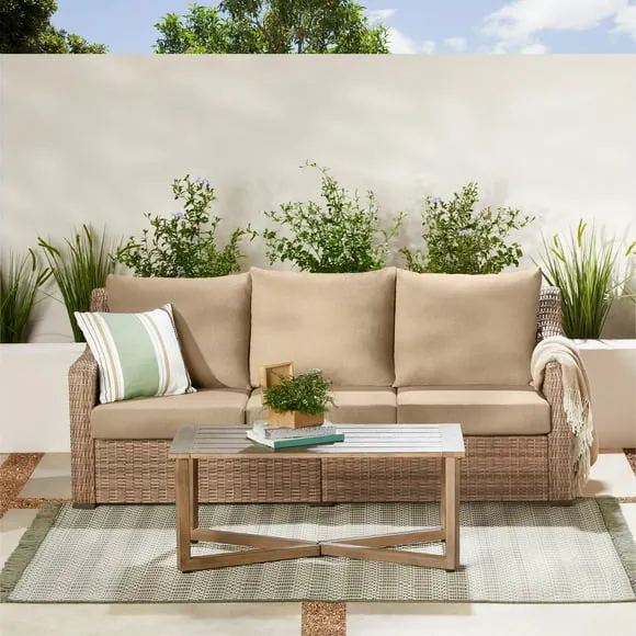 Better Homes & Gardens Hawthorne Park Outdoor Sofa and Coffee Table with Beige Cushions