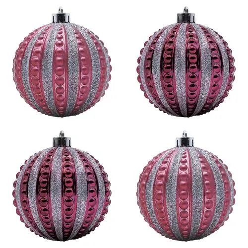 Enchanted Forest® 80mm Magenta Candy Striped Shatterproof Ornaments - 4 Pack