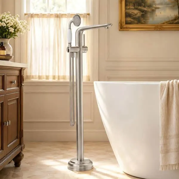 EVERSTEIN Single-​Handle Claw Foot Freestanding Tub Faucet with Classic Hand Shower Rock-​Solid Valve in Brushed Nickel