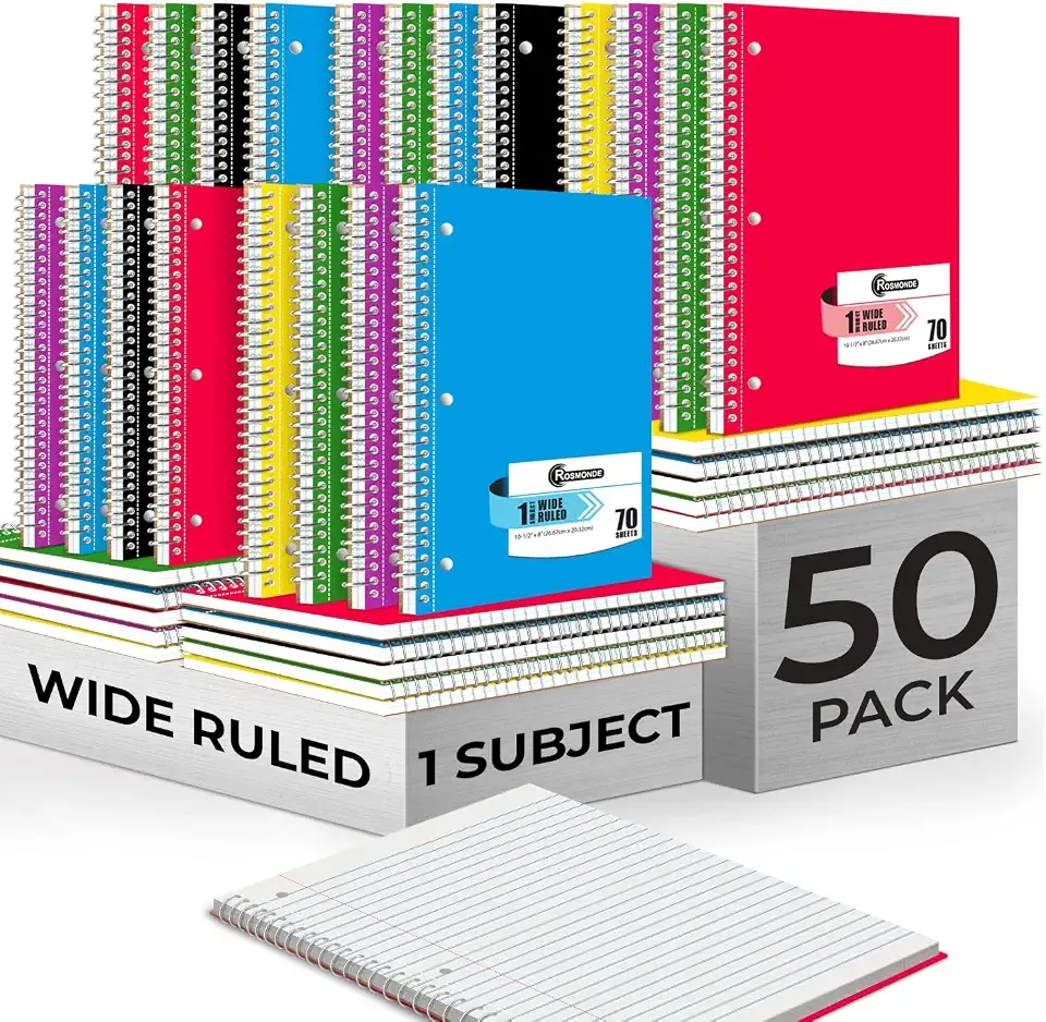 Rosmonde 50 Pack, 1 Subject Spiral Notebook Wide Ruled Bulk, 70 Sheets