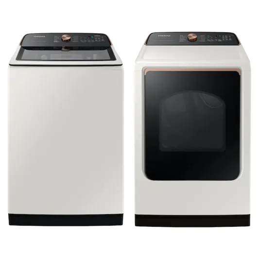 Bundle: Samsung WA55CG7500AE 5.5 cu. ft. Top Load Washer + Samsung 7.4 cu. ft. Gas Dryer with Steam Sanitize+