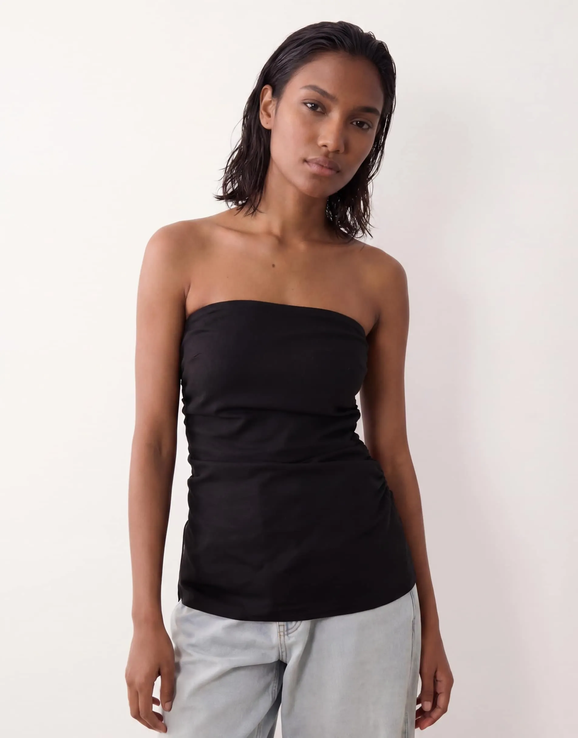 ASOS DESIGN ruched side linen bandeau top in black