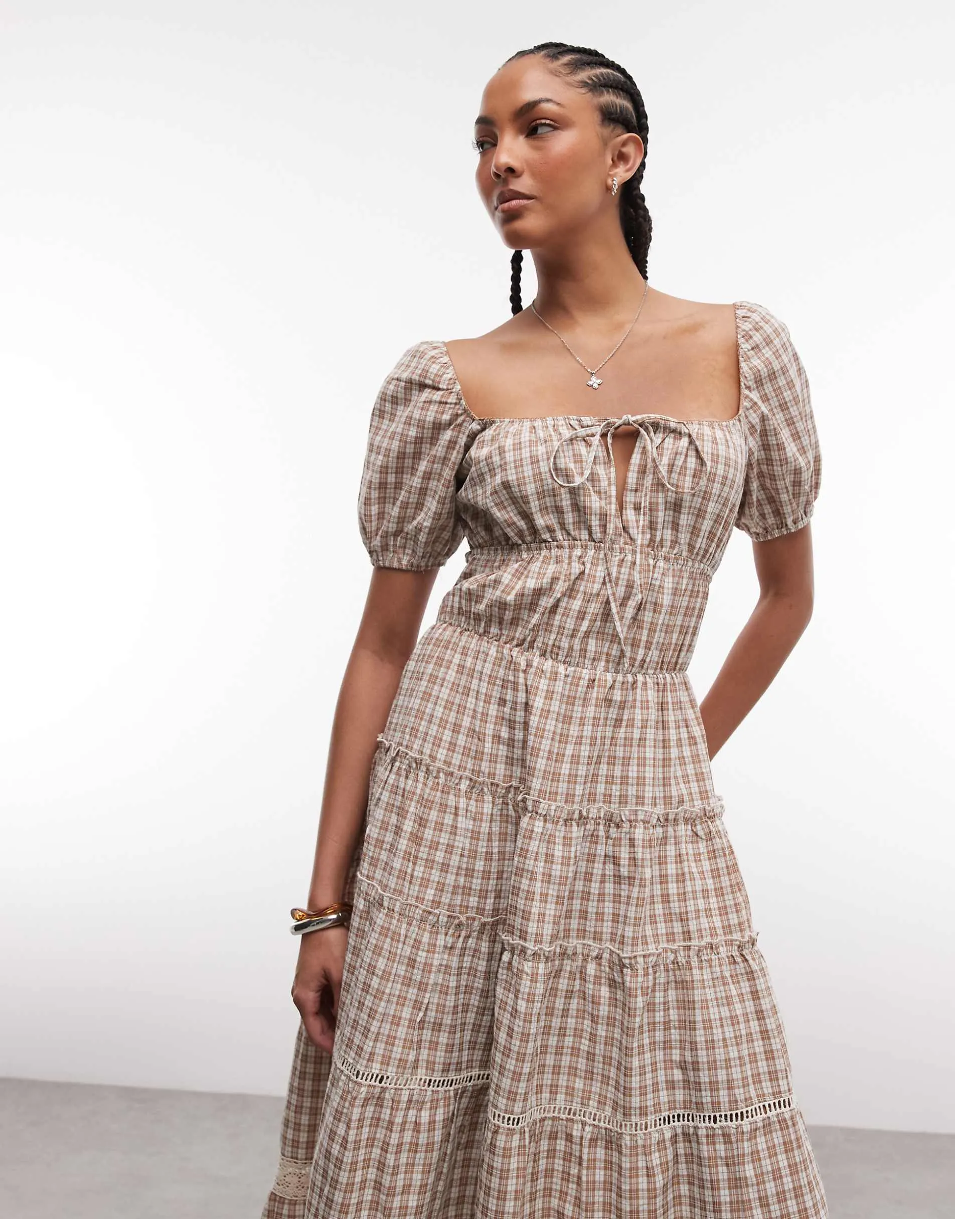 Daisy Street milkmaid tiered midi dress in brown check