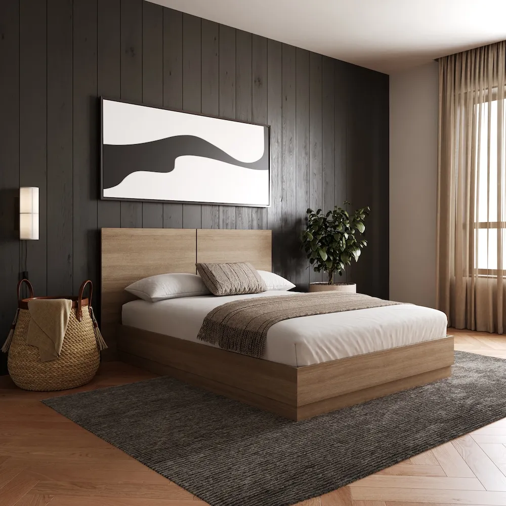 Nexera Milano Platform Bed with Headboard, Brown Oak