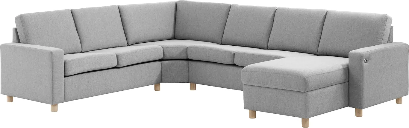 Sone lav hjørnesofa Modulsofa. 2 seter + stort hjørne + 2 seter + sjeselong med recliner i stoff Atlas, armlene J.