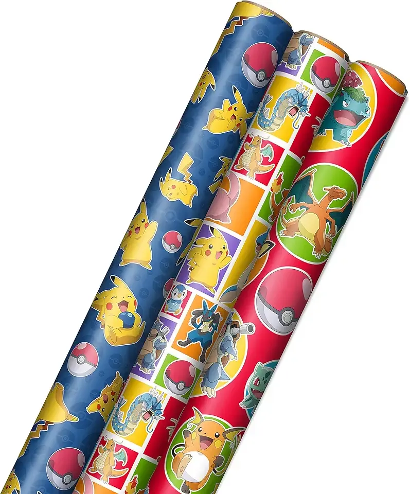 Pokémon Wrapping Paper Rolls - Pikachu, Charmander, Bulbasaur Gift Wrap Paper (Set of 3 Rolls: 60 sq. ft. ttl.) for Birthday, Kids Parties, Gamers, Christmas Presents