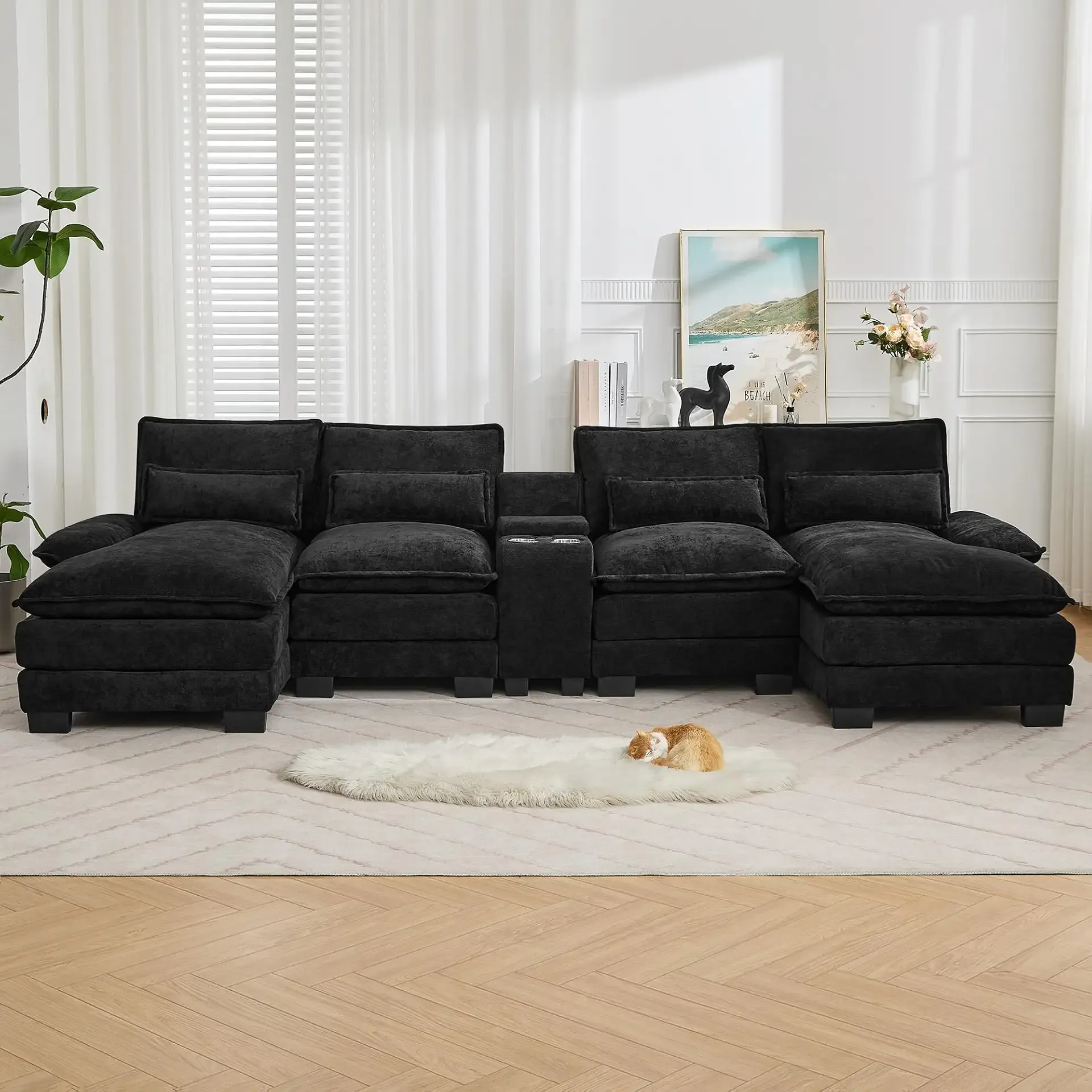 125'' U Shaped Cloud Modular Sofa with Chaise Lounges, Chenille Upholstered Comfy Sectional Couch with Storage Console, USB Charging Ports & Cup Holders, Small Deep Seat Sofa for Living Room, Black