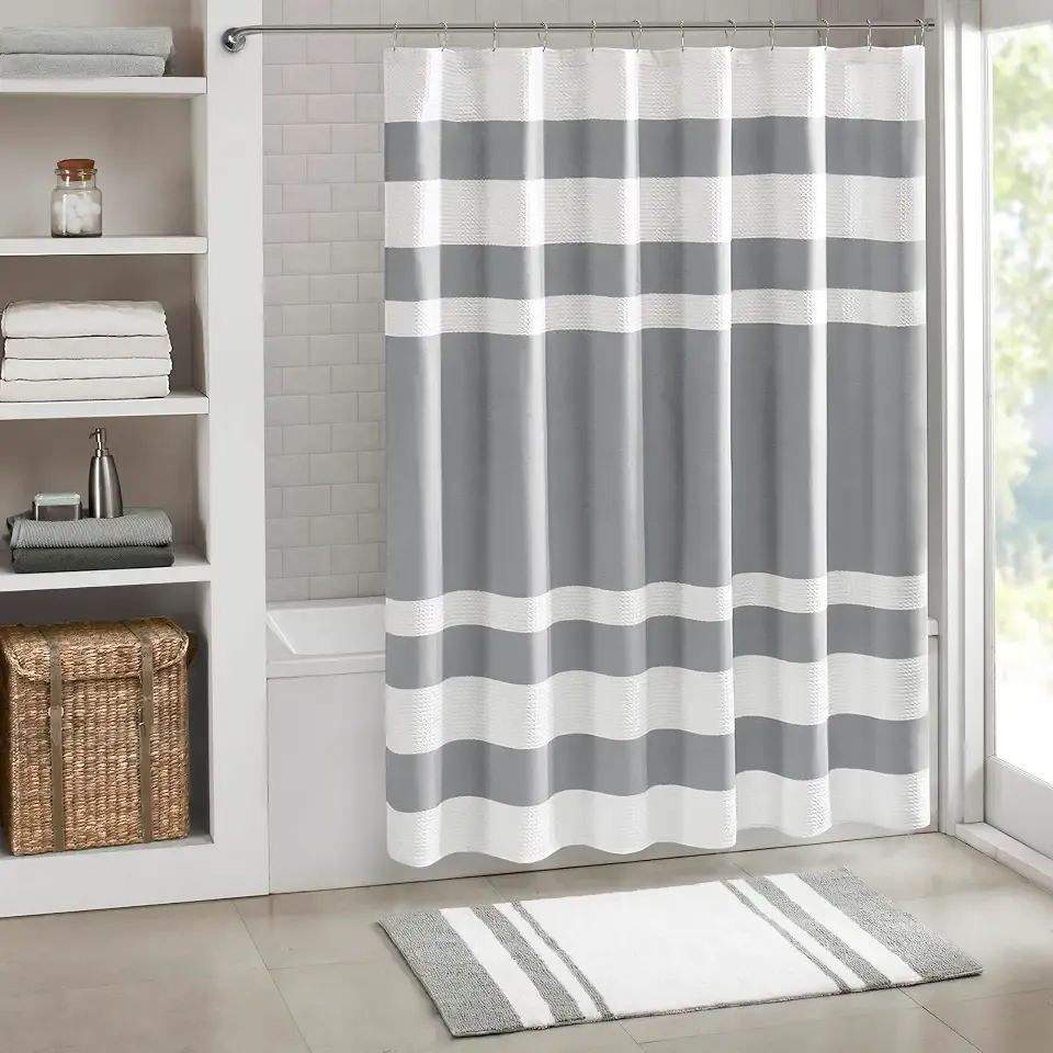 Madison Park Spa Waffle Shower Curtain for Bathroom, 72 x 72, Grey | Striped, Pieced Fabric Design, 3M Scotchgard Moisture Management, Hotel Quality, Modern, for Bathroom, OEKO-TEX Certified