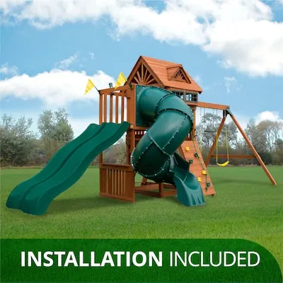 Gorilla Playsets Fort Highlander Residential Wood Playset with 3 Swings and Slide Included