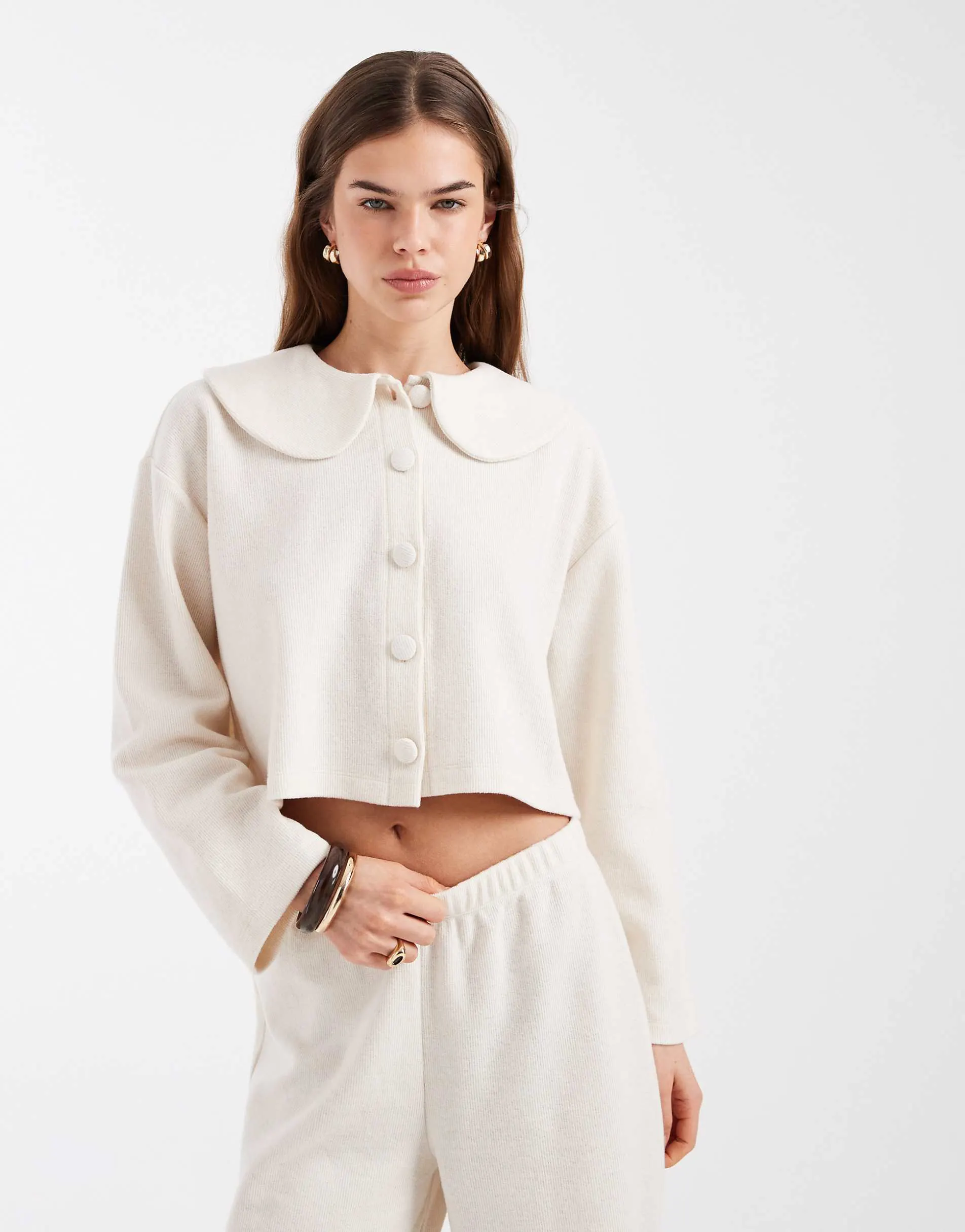 Miss Selfridge soft rib cardigan with peter pan collar co-ord in cream