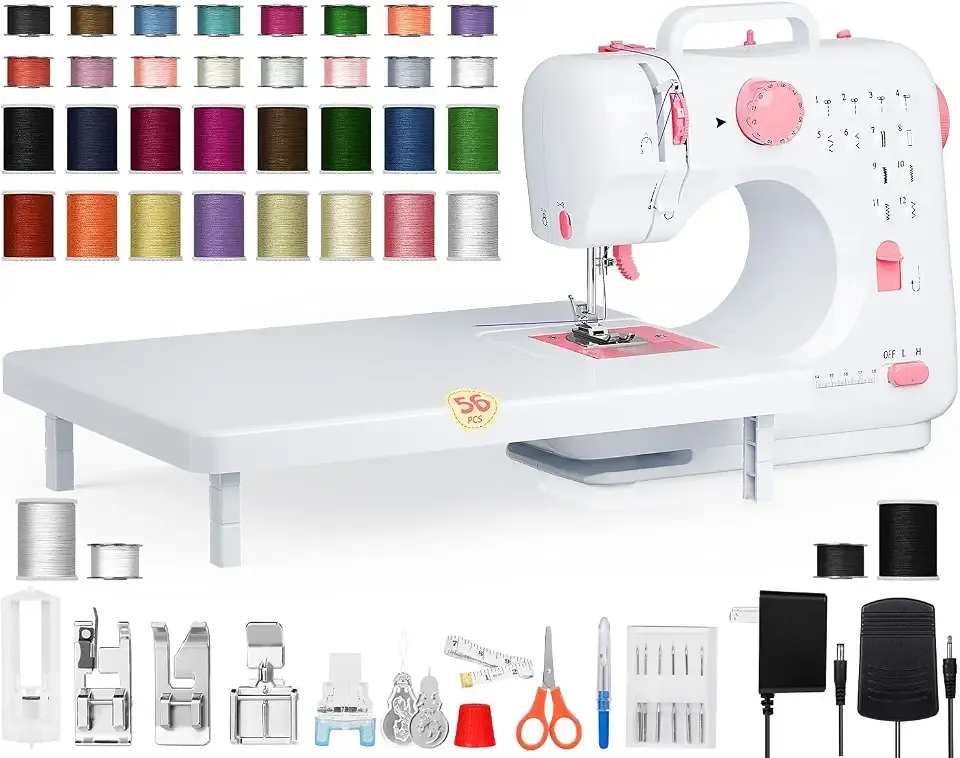 Portable Sewing Machine for Beginners, Small, Easy to Use, Extension Table, 12 Built-In Stitches, Reverse Sewing, LED Light and 32 Color Thread Set for Home Repairs, Crafts, Adults and Kids, BlushPink