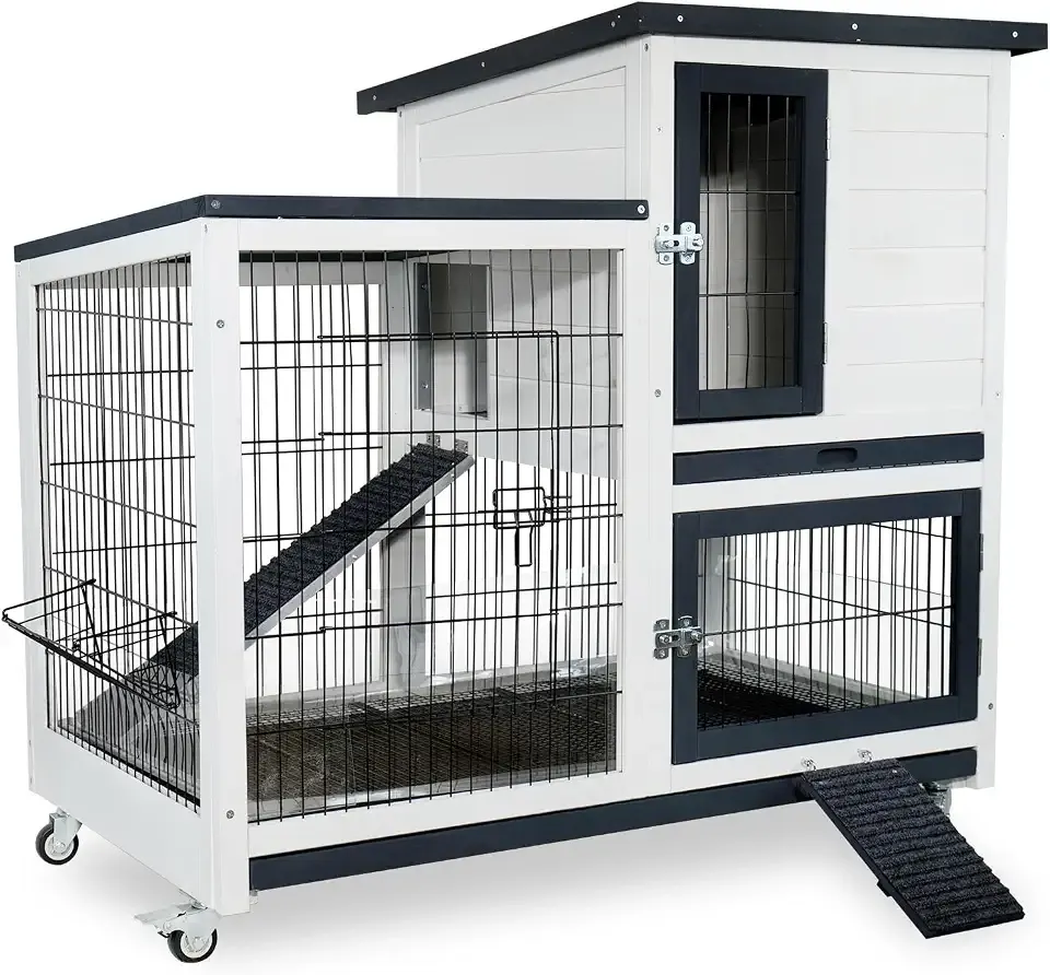 2-Story Indoor Outdoor Rabbit Hutch with Urine Guards & Dual Trays | Chew-Resistant Ramp, 5 Access Doors, Locking Wheels, Fits Rabbits, Guinea Pigs & Chicks